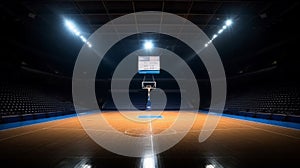 Empty basketball arena with floodlights and fan seats