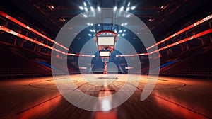 Empty basketball arena with floodlights and fan seats