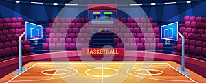 Empty basketball arena, sport stadium vector illustration, cartoon flat court field interior with illumination