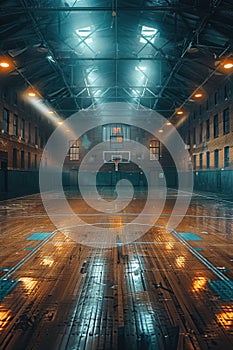 Empty Basketball Court Illuminated by Lights