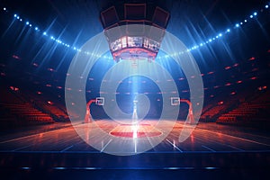 Empty basketball court with lights and spotlights. 3D Rendering - Ai Generated