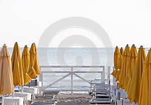 Empty bathing establishment, at sunset