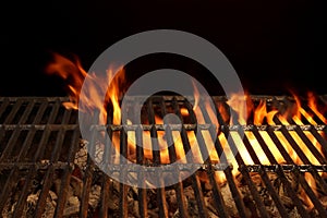 Empty BBQ Fire Grill And Burning Charcoal With Bright Flames.