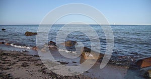 Empty beach against calm sea and blue sky at Heiligenhafen