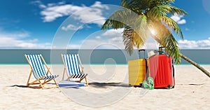 Empty beach chairs with suitcases flip-flop sandals, sunglasses under a palm tree at the beach during a summer vacation in the