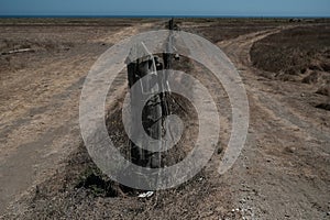 Empty beach divided by stakes