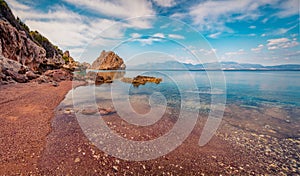 Empty beach in northeastern Corinthia, Greece.