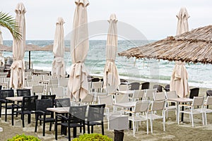 Empty beach outdoor cafe in Leptokaria, Macedonia, Greece