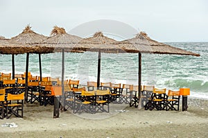 Empty beach outdoor cafe in Leptokaria, Macedonia, Greece