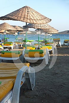 Empty beach with parasols and deck chairs