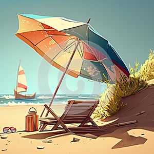 Empty beach with sun loungers and umbrellas on a sunny day. Summer vacatiom on the beach. AI generated image.