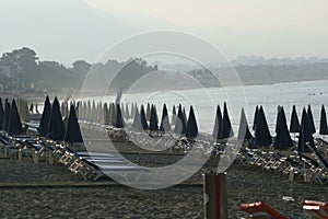 Empty beach with sun shades