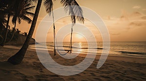 Empty beach swing in golden light at sunset or sunrise. Tranquil tropical holiday scene