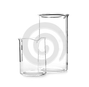 Empty beakers on white background