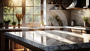 Empty beautiful marble table top blur modern morning kitchen interior background, copy space