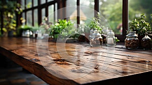 Empty Beautiful wood table top and blur bokeh modern kitchen interior background. Generative AI