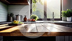 Empty beautiful wood table top blurred modern kitchen interior, product montage placement