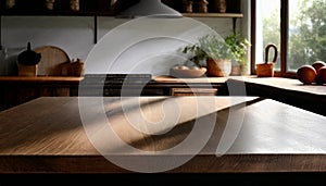 Empty beautiful wood table top blurred modern kitchen interior, product montage placement