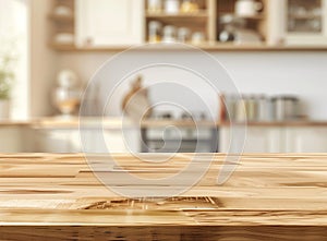 Empty beautiful wood table top counter and blur bokeh modern kitchen interior background in clean and bright, Banner