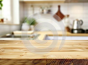 Empty beautiful wood table top counter and blur bokeh modern kitchen interior background in clean and bright, Banner