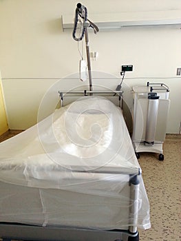 Empty bed in a hospital. Nursing emergency in hospital