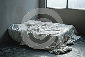 Empty bed with rumpled sheets photo