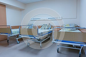 Empty beds in a hospital room. The hospital is ready to receive patients