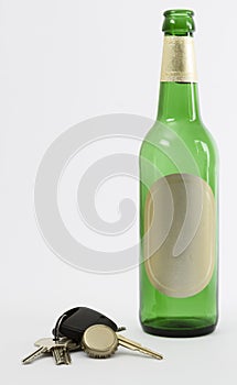 Empty beer bottle with car key and crown cork