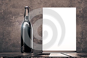 Empty beer bottle and poster