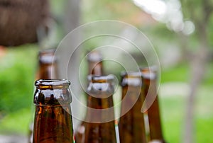 Empty beer bottles in row, shallow depth of field