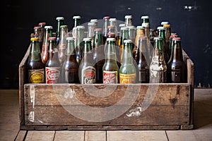 empty beer bottles in a wooden box on a black background, vintage style