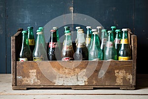 empty beer bottles in a wooden box on a black background, vintage style