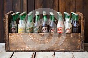 empty beer bottles in a wooden box on a black background, vintage style