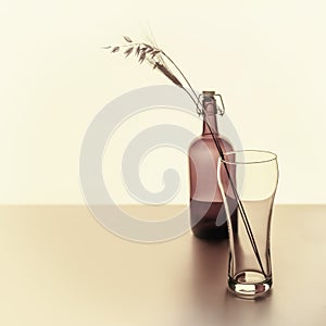 Empty beer glass with ears of rye and wheat and a matte dark reusable glass bottle