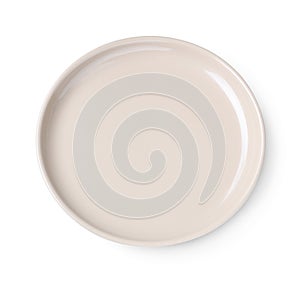 Empty beige ceramic plate isolated on white, top view