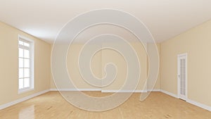 Empty Beige Interior Room with White Ceiling, Light Glossy Parquet, Plinth