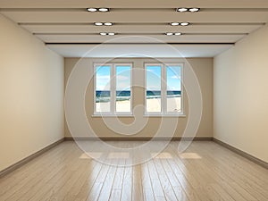 Empty Beige Interior with a Sea View, Two windows, Light Parquet and Plinth with Work Path on Windows. 3D rendering, 7680x5760