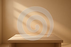Empty Beige Platform with Diagonal Light and Shadow Patterns on Wall stage podium
