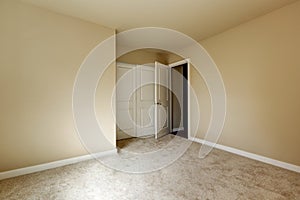 Empty beige room with carpet floor and a closet