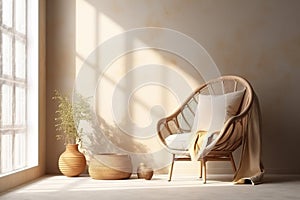 Empty beige wall mockup in boho room interior with wicker armchair and vase. Natural daylight from a window. Promotion background