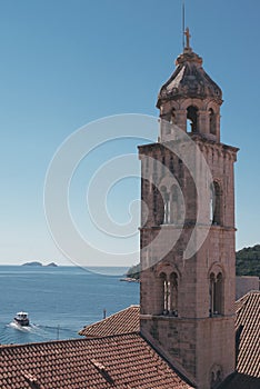Empty bell tower of Dubrovnik Old town during corona virus