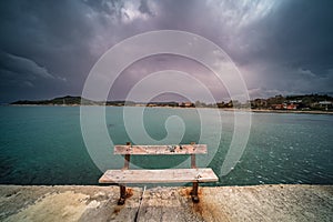 Empty bench on Alykes Bay in Zante