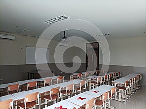 Empty bench on campus classrooms photo