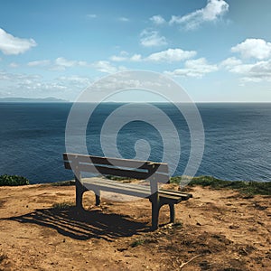 Empty bench on cliff overlooks peaceful sea, ideal for solitude