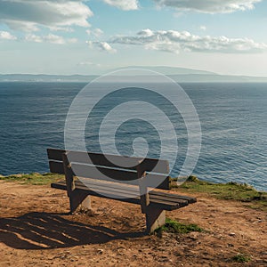 Empty bench on cliff overlooks peaceful sea, ideal for solitude
