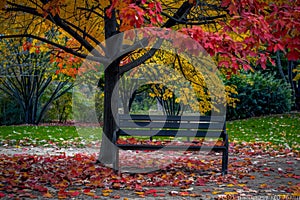 Empty Bench in Colorful Autumn Park