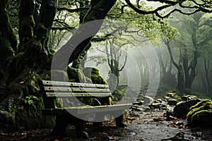 Empty Bench in forest after raining. Generative AI
