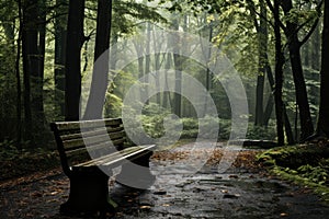 Empty Bench in forest after raining. Generative AI