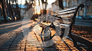 Empty Bench Illuminated by Sunset Light Evokes Bittersweet Emotions in a Quiet Park Setting