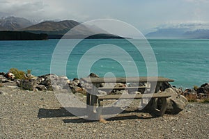 Empty bench at lake Pukaki